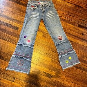 Lipstik Y2K Kids Flared Blue Jeans Tiered with Floral Embroidery